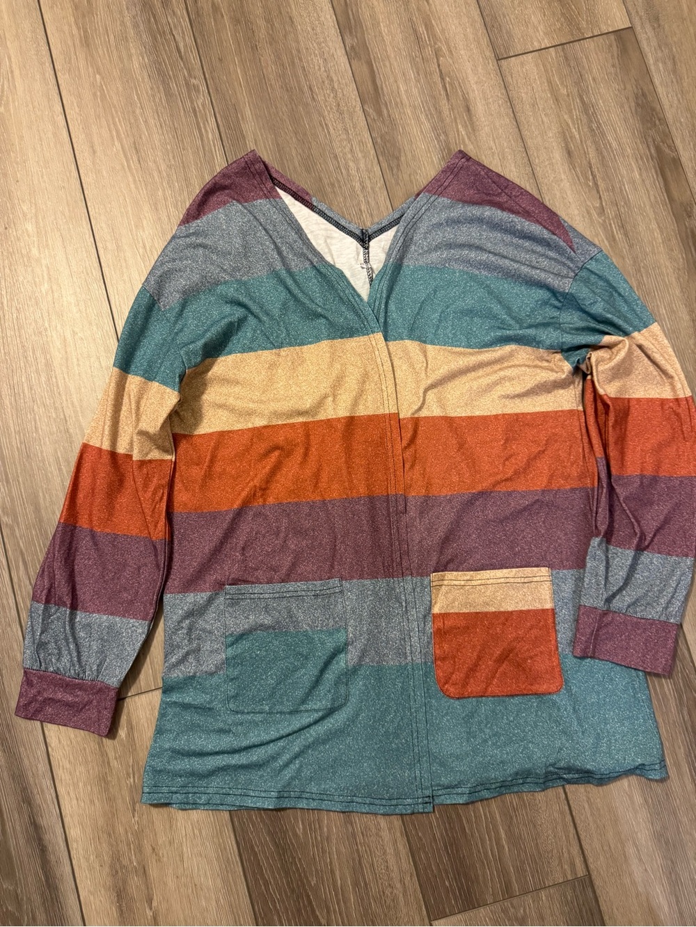 Multicolor Striped V-Neck Women's Sweater in Teal, Rust & Cream